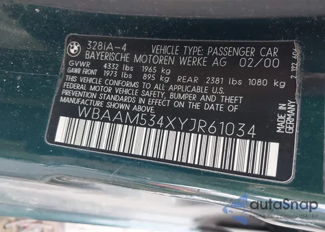2000 BMW 328I z USA, uszkodzony, nr VIN WBAAM534XYJR61034